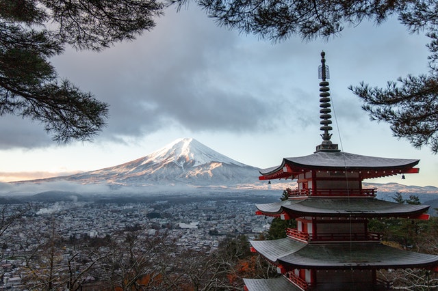 Mount Fuji and a pagoda in Japan