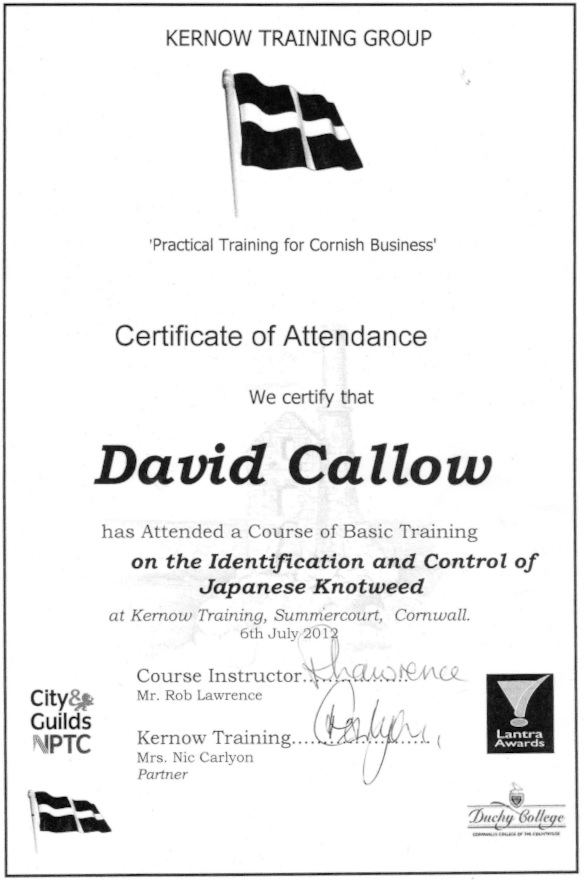 Certificate of Japanese knotweed training in Cornwall