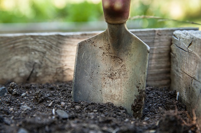hand trowel digging in soil